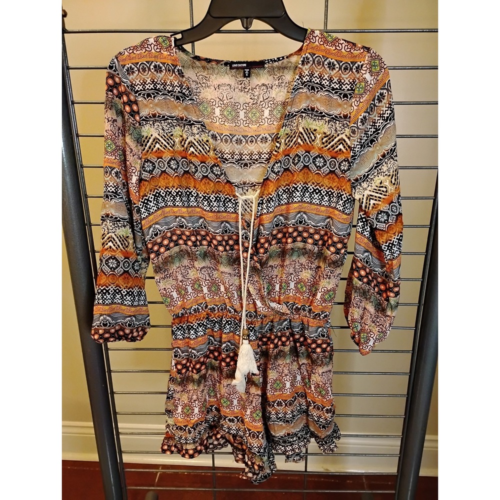 Love Culture Womens Boho Geometric Tribal Print Tassel Drawstring Romper Small